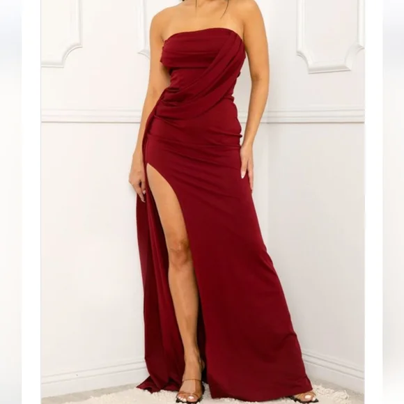 New, Draped pleated tube top, ruched flare bottom maxi dress with a zipper back. - Picture 3 of 3